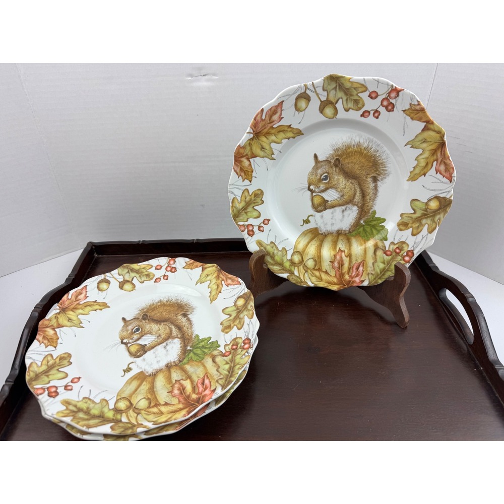 Pier 1 Mazey the Squirrel Porcelain Salad Plates Set 3 Autumn Fall Thanksgiving